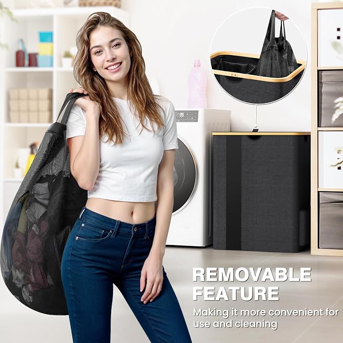 BlissTotes Laundry Basket with Lid, 150L Clothes Laundry Hamper with Handles and 2 Removable Laundry Bag, Breathable Design Hamper with Lid for Bedroom, Bathroom, Dorm, Laundry Room - Dark Grey - Image 2