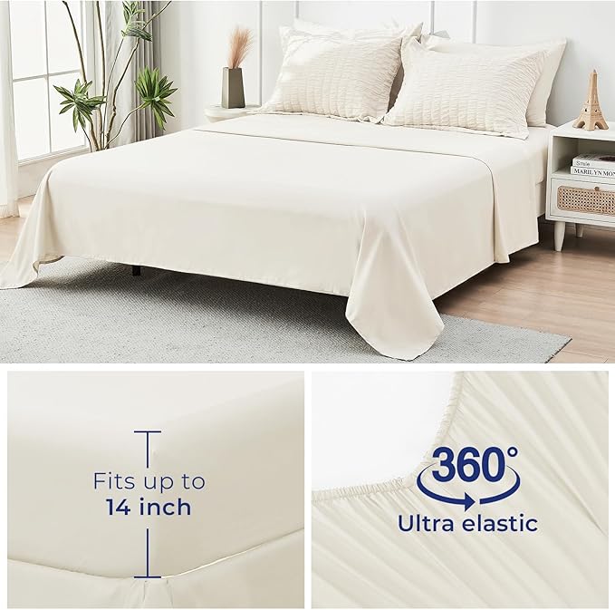 HYMOKEGE Ivory King Size Comforter Set Seersucker 7 Pieces, All Season Luxury Bed in a Bag for Bedroom, Bedding Set with Comforters, Sheets, Pillowcases & Shams