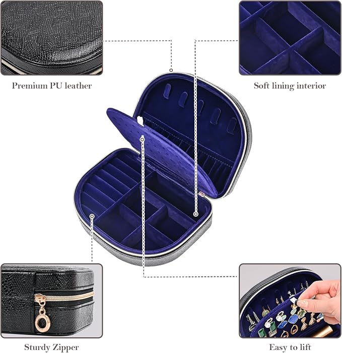 ProCase Travel Size Jewelry Box, Medium Portable Seashell-Shaped Jewelry Case, 2 Layer Mini Jewelry Organizer in PU Leather for Women -Glossy Black - Image 5