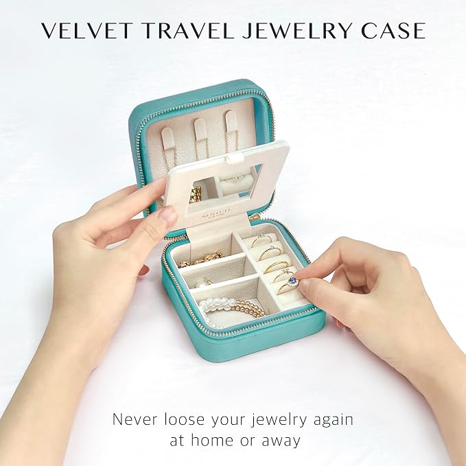 BLUTETE Travel Jewelry Box Organizer Velvet Travel Case With Mirror Ring Earrings Necklaces Storage Organizer Box (Turquoise) - Image 4