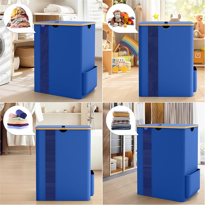 BlissTotes Laundry Basket with Lid, 150L Clothes Laundry Hamper with Handles and 2 Removable Laundry Bag, Breathable Design Hamper with Lid for Bedroom, Bathroom, Dorm, Laundry Room - Blue - Image 4