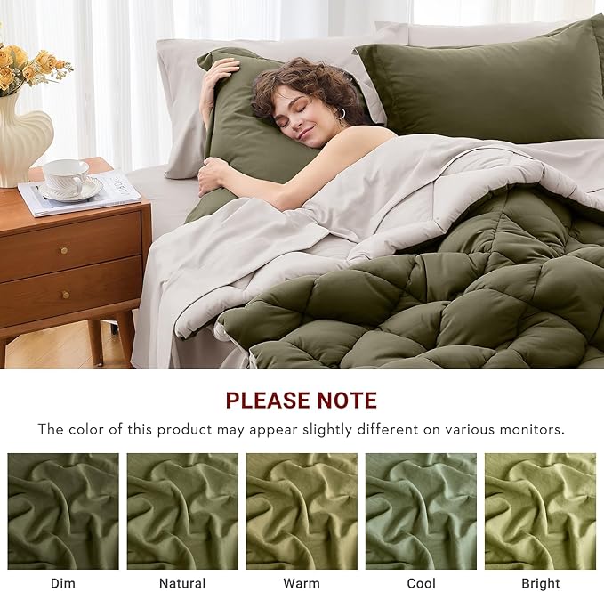 MUXHOMO 7 Pieces Queen Comforter Set, Reversible Bed in a Bag Queen Size, All Season Bedding Set with Comforter, Flat Sheet, Fitted Sheet, Pillowcases & Shams, Olive Green & Beige