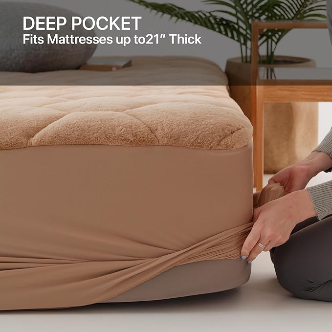 Faux Fur Mattress Pad Quilted Fitted Mattress Cover, Fluffy Warm Soft Breathable Mattress Protector, Mattress Topper with 8-21" Deep Pocket (Khaki, King)