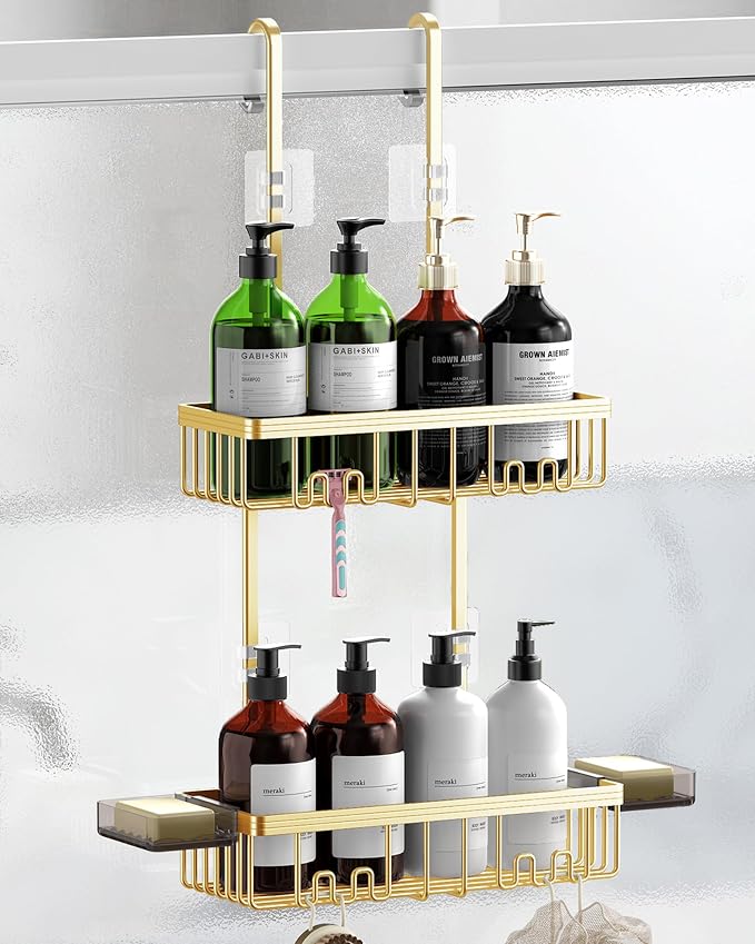 Over the Door Shower Caddy Hanging With Double Soap Holder Never Rust Aluminum Shower Shelf With 4 Hooks Hanging Bathroom Organizer No Drilling Shelves for Bathroom Storage Gold by Unknown