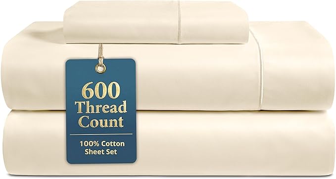 LANE LINEN Twin XL Sheets Set - 600 Thread Count Sateen Weave for Hotel Quality Luxury - Breathable & Very Easy to Care Cotton Sheets Set for College Dorms - Oeko Tex Certified - Ivory