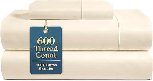 LANE LINEN Twin Cotton Sheets Set - 600 Thread Count Premium Sateen Weave for Gentle Feel On Skin - Hotel Quality Luxury for Single Beds - Securely Fits Mattresses Upto 15'' Deep - Ivory