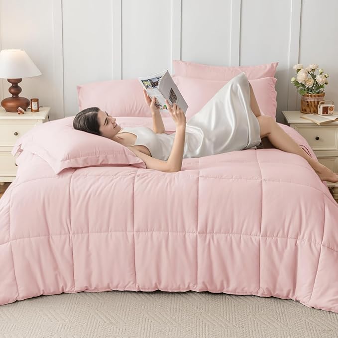 JOLLYVOGUE Twin Comforter Set, Ultra-Soft Bed in a Bag Twin Size 5 Pieces, Oeko-TEX Certified Bedding Set with Down Alternative Comforter, Sheets, Pillowcases & Shams, Blush Pink