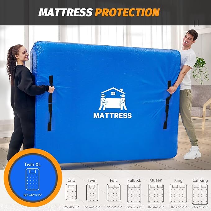 Mattress Bags for Moving, BETU Mattress Protector Waterproof Mattress Cover Twin XL Size Storage Bags with 8 Heavy-Duty Handles and Zipper for College Bed Extra Thick Large(2 Pack:82"x42"x15" Blue)