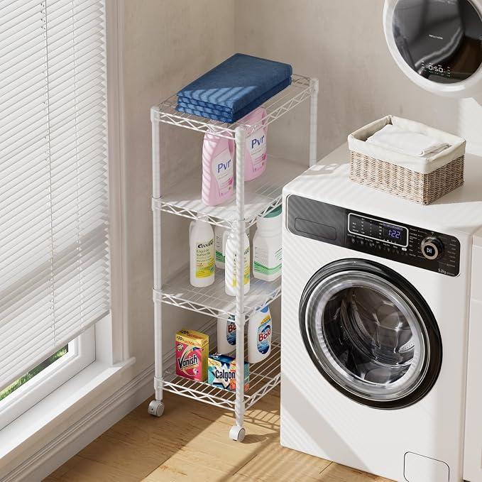 SINGAYE 4 Small Shelves Storage Shelf Wire Shelving Unit Metal Shelf Adjustable Organizers Storage Shelving with Wheels for Bathroom Laundry Room Kitchen Pantry11.5”D x 17.3”W x 44.5”H White - Image 6