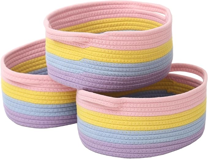 JMvicyroam Woven Basket,Small Rope Storage Bin with Handles & Ribbon Bag, Organizer for Shelves Closets,Gift Basket Empty for Birthday,Books,Dog Toys, Rainbow/3 Pack by JMvicyroam