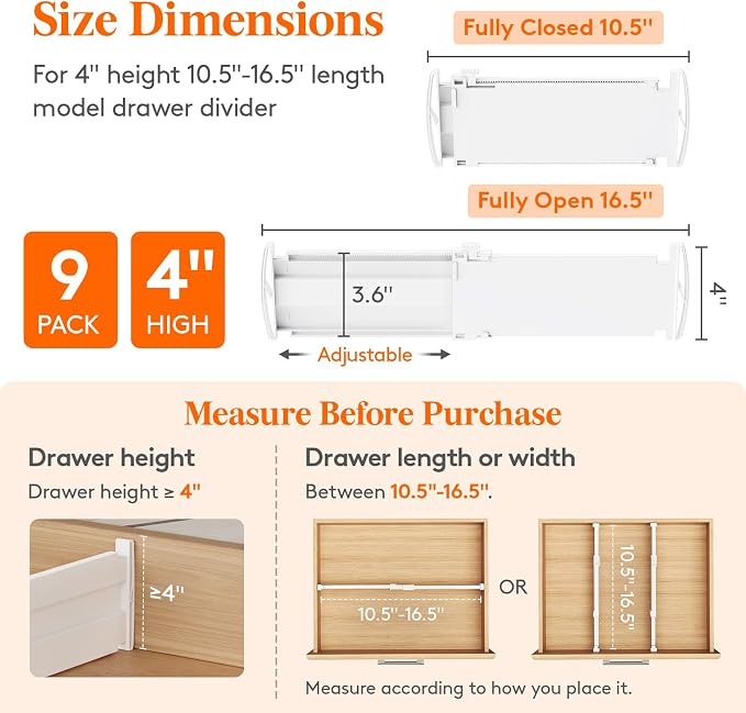 Lifewit 4" Tall 9 Pack Drawer Dividers, 27-42cm/10.5-16.5" Expandable Drawer Divider for Clothes, Adjustable Dresser Drawer Organizers, Drawers Separators for Dresser/Bathroom/Closet/Kitchen White - Image 2