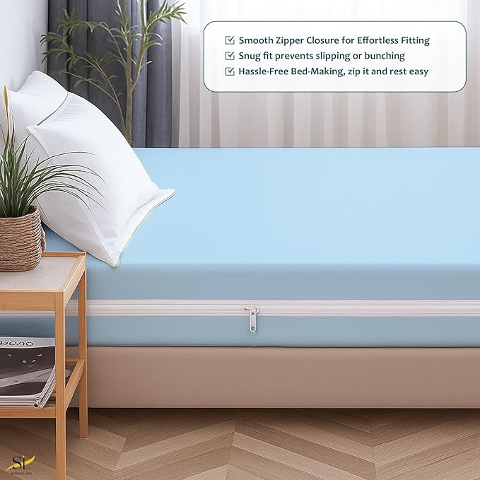 Mattress Protector King Size 100% Waterproof Zippered Cover, 15 Inches Deep, Six-Sided Mattress Encasement for Bed, Zipper Closure Style (Light Blue)