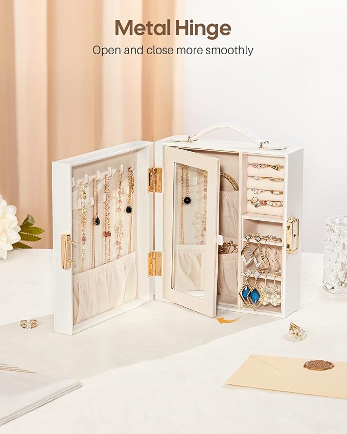 Enthralite Large Travel Jewelry Case: Portable Jewelry Box with Mirror - PU Leather Small Jewelry Organizer for Rings Earrings Necklaces Bracelets - Birthday Gift for Her - Image 3