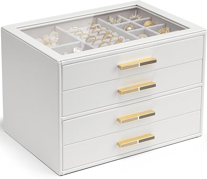 VLANDO Jewelry Box for Women, Glass Lid Jewelry Organizer with 4 Drawers for Necklaces Rings Earrings Bracelets Christmas Gift - White by VLANDO