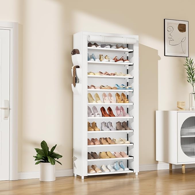 VTRIN Vertical Narrow Shoe Rack Organizer Tall Shoe Rack for Closet Entryway 10 Tier Non-Woven Cover Shoe Shelf Holds 36-41 Pairs Free Standing Shoe Storage Cabinet with Dustproof Cover, White - Image 2