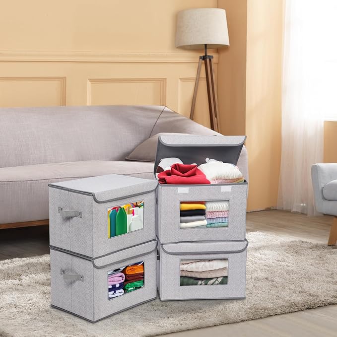 Univivi Fabric Foldable Storage Boxes [4-Pack] Large Collapsible Stackable Storage Bins with Lids, Closet Organizers and Storage Cube Basket for Home, Office, Bedroom (Gray, 17“ x 12” x 12") - Image 6