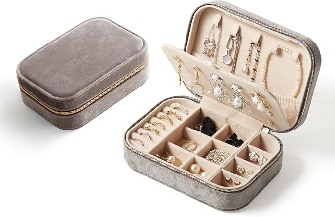 CASEGRACE Plush Velvet Travel Jewelry Box, Portable Jewelry Case for Women Girls, Double Layer Jewelry Organizer Display Box for Necklace Earring Rings Bracelet, Travel Accessory Gifts, Grey by Casegrace