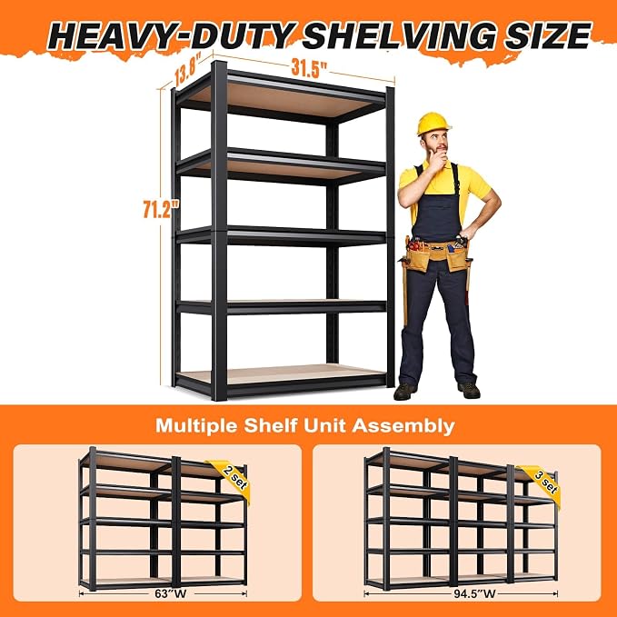 71.2''H Storage Shelves, 2500lbs Garage Shelving,Adjustable Heavy Duty Shelving Unit,5T Tall Garage Shelves，Wood Metal Standing Shelf Units,Utility Rack for Kitchen 71.2''H*31.5''W*13.8''D - Image 3