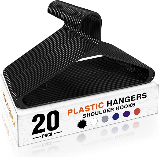 HOUSE DAY Plastic Hangers 20 Pack, Space Saving Clothes Hangers with Built-in Hooks, Durable & Strong Closet Organizers and Storage, Dorm Room Essential, Perfect for Shirts, Coat, Pants, Dress - Black by HOUSEDAY