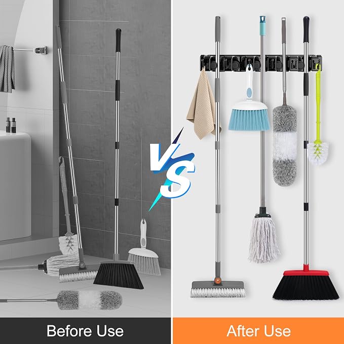 nacena Broom Holder Wall Mount, 2 Packs broom and mop organizer wall hanging broom and mop organizer wall hanging with 5 Ball Slots and 6 Hooks (Black) - Image 4