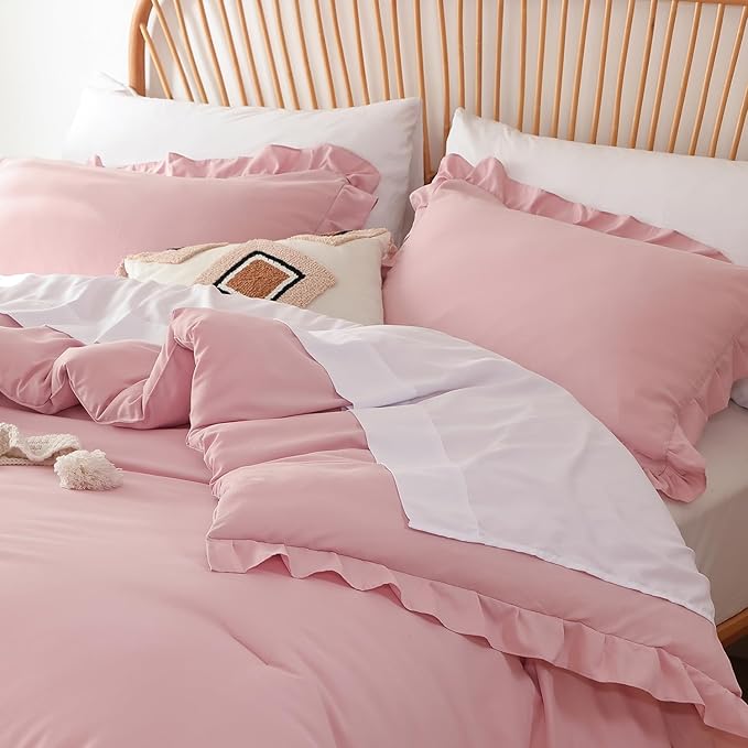 JANZAA Full Comforter Set Baby Pink Ruffle Comforter with 2 Pillowcase Soft Full Size Bed Set Vintage Farmhouse Bed Comforter Set Fluffy Shabby Chic Bedding for All Season