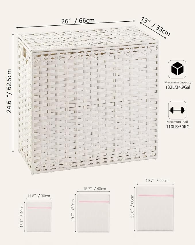 SETVSON Laundry Hamper with Lid Laundry Basket 132 L (35 Gal) Wicker Clothes Hamper, Handwoven Rattan Hamper with Handles and 4 Removable Liner Bags, 6 Mesh Bags for Laundry Bedroom White - Image 5