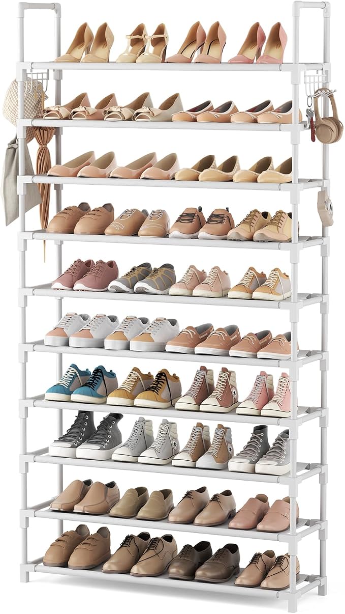 VTRIN 10 Tiers Shoe Rack Tall Large Capacity Wide Shoe Organizer Sturdy Shoe Shelf for Entryway with Two Hooks Metal Shoe Storage for Closet, Bedroom, White by VTRIN