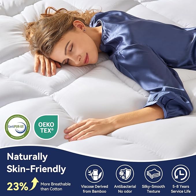 Full Size Dual Layer 4 Inch Memory Foam Mattress Topper, 2 Inch Fluffy Soft Pillow Top Mattress Pad Cover and 2 Inch Gel Memory Foam for Back Pain Relief, Breathable, Cooling
