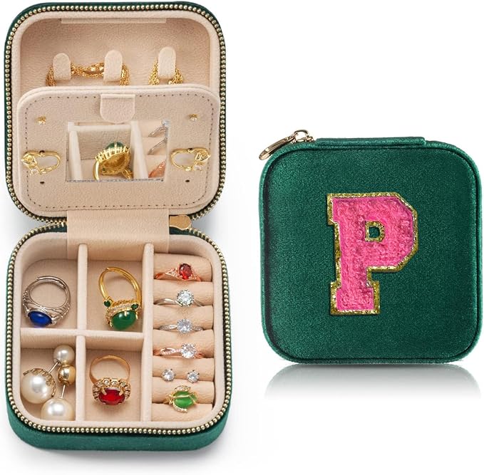 Personalized Velvet Travel Jewelry Case Box For Women Ring Necklace Earring Holder Organizer with Mirror Green Girls Box Birthday Gifts Mom Initial P by HKDSGF