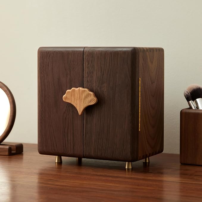 Solid Black Walnut Wood Jewelry Box for Women & Men, Large Velvet Lined Wooden Jewelry Organizer with 5 Drawers, Hand Carved Ginkgo Leaf Handles, Double Door Wardrobe Design - Image 9