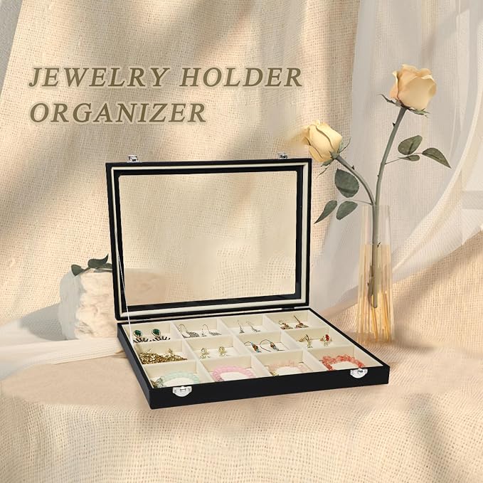 Stratalife Jewelry Organizer Bracelet Holder Organizer Box Earring Storage Drawer Jewelry Display Anti Tarnish Ring Holder For Women Girls 12 Grid (Beige Black) - Image 2