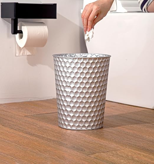 Venalys Small Metal Trash Can Wastebasket, Decorative Honeycomb Garbage Can Waste Basket, Modern Farmhouse Round Trash Bin for Bathroom, Bedroom, Kitchen and Office (Silver) - Image 8