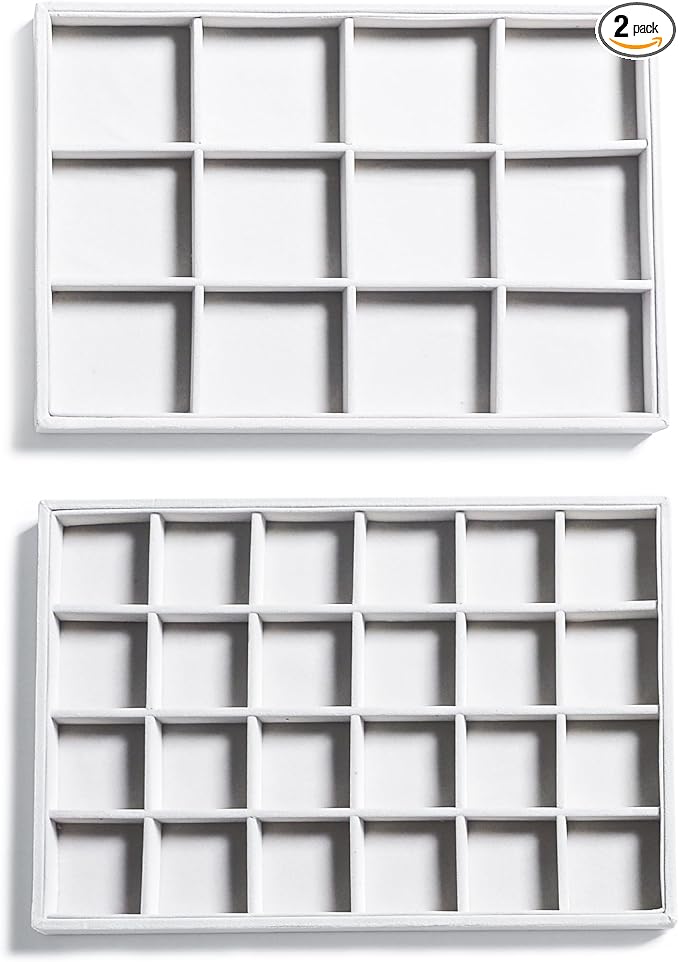 Frebeauty Stackable Velvet Jewelry Organizer Trays for Drawers Inserts Jewelry Storage Tray Display Case, Stud Earrings Bracelets Necklace Rings Accessories Trays for Women(Set of 2)(White) by Frebeauty