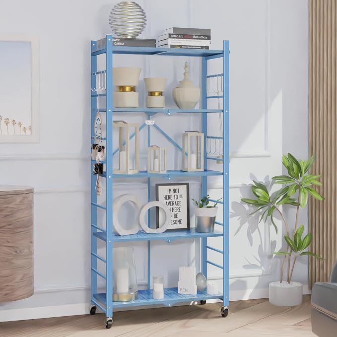 Himix Storage Shelves with 20 Hooks, 5-Tier Foldable Shelf for Storage, Folding Shelf Unit Pantry Shelves with Wheels, Standing Shelving Unit for Kitchen Garage Home Office Room Greenhouse, Blue - Image 2