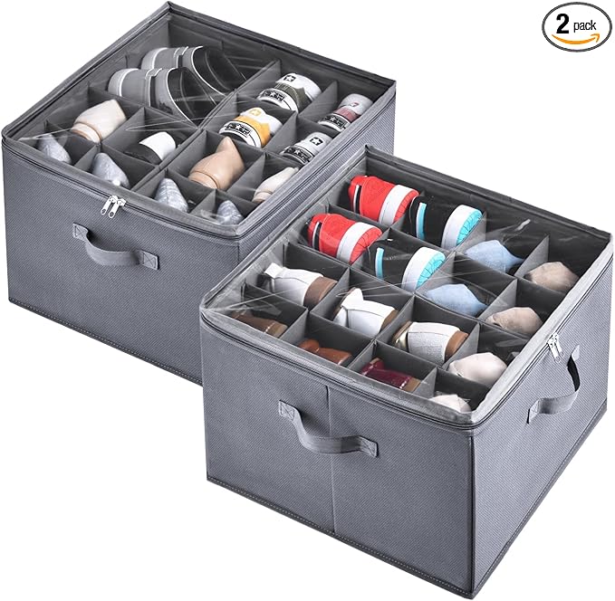 INSTY 2 Pack Shoe Organizer for Closet,Fits up to 32 Pairs,Adjustable Dividers for Shoe Storage,Fabric Shoe Storage Bins with Clear Cover,Grey by INSTY