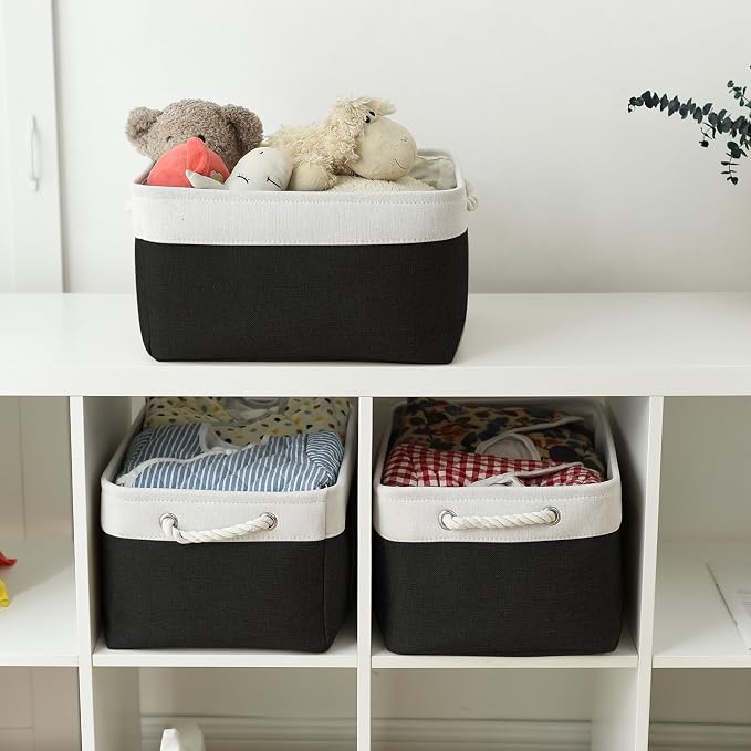 TheWarmHome Storage Basket for Organizing - Large 3 Pack 15.7x11.8x8.3 inch Collapsible Storage Bin for Shelves with Handles Laundry Cube Toy Closet Nursery (Whiet & Black) - Image 3