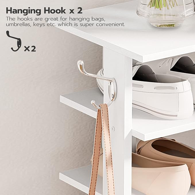 HOOBRO 8 Tiers Vertical Shoe Rack, Wooden Shoe Storage Organizer with Hooks, Narrow Shoe Tower for 8 Pairs, Space Saving, for Entryway, Living Room, Bedroom, White WT07XJ01G1 - Image 7