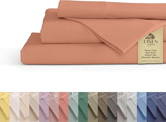 Linen Home 100% Cotton Percale Sheets Full Size, Tera Clay, Deep Pocket, 4 Pieces Set - 1 Flat, 1 Deep Pocket Fitted Sheet and 2 Pillowcases, Crisp Cool and Strong Bed Linen