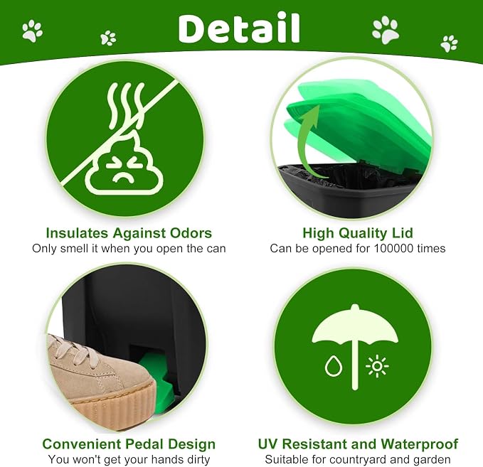 Dog Poop Trash Can Outside, 20L/5Gallon Dog Waste Trash Can with Lid, Pedal and Removable Inner Waste Bin, Pet Poop Bucket with 100 Bags, Green - Image 3