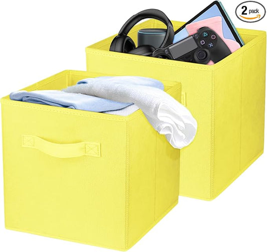 2 Pcs Storage Cubes, 10.5 Inch Collapsible Storage Bins, Fabric Foldable Bins for Organization, Durable Storage Bins for Closet, Shelves, Offices (Yellow) by Zuihug