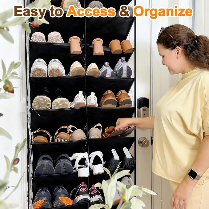 UVIAHOMI 20-30 Pairs Over the Door Shoe Organizer, Clear Pockets Hanging Shoe Storage for Closet, 10-Tier Door Shoes Rack, Handing Shoes Holder Fit All the Family's Sneakers, Boots, Heels, Black - Image 5