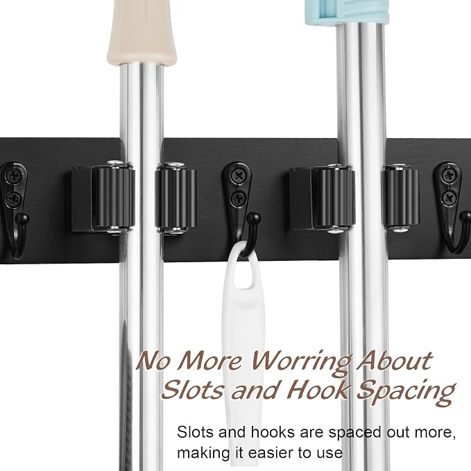 OUTNILI Black Mop Broom Holder Wall Mount with 4 Slots & 4 Hooks - Rustic Wood Broom Mop Hanger for Pantry Closet Laundry Room Organization - Heavy Duty Garden Tool Organizer - Black Kitchen Decor - Image 4