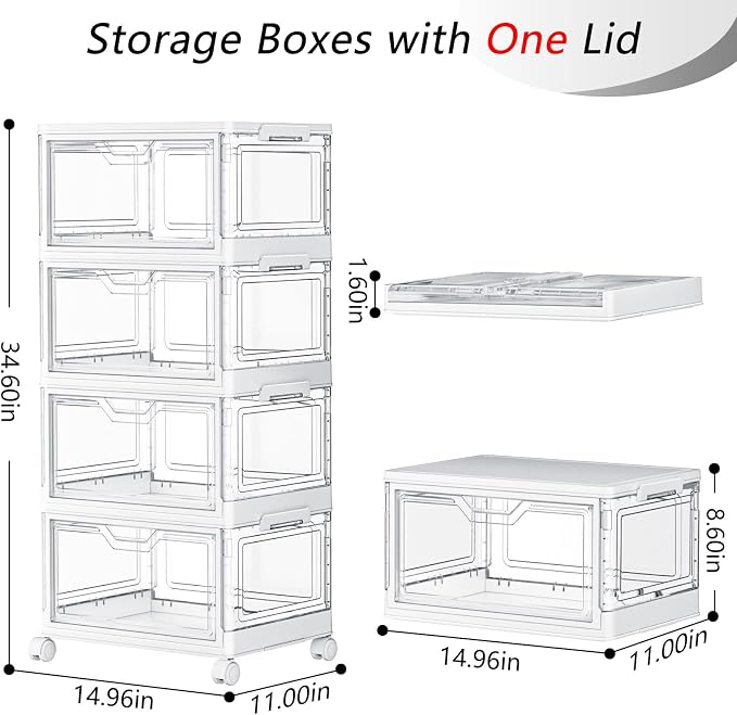 SNSLXH Portable Clear Storage Bins with Lid & Wheels, 24QT Clear Storage Bins with Lid, 4-Tier Plastic Bins with Wheels, Stackable, Magnetic Doors, for Bedroom, Living Room, Office - Image 2