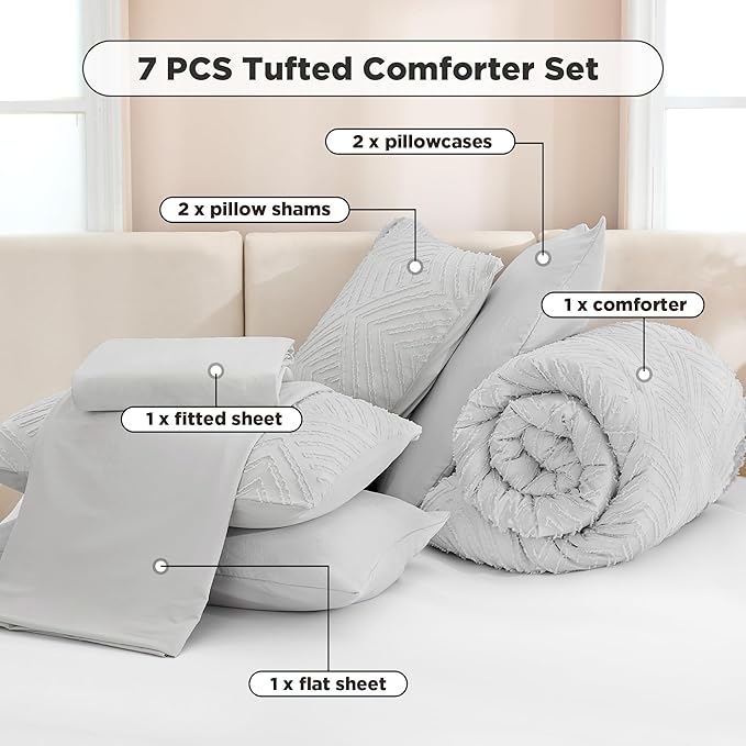 Andency Light Grey Full Size Comforter Set with Sheets - 7 Pieces Bed in a Bag Boho Tufted Bedding Sets Fluffy Lightweight Gray Full Bed Set with Comforter, Sheets, Pillowcases & Shams for All Season