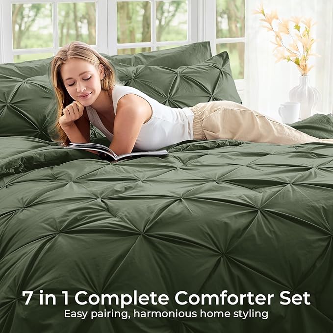 Sasttie Queen Comforter Set, 7-Piece Bed in a Bag, Pintuck Bedding Set for All Season, Includes Comforter, Flat Sheet, Fitted Sheet, Pillowcases and Pillowshams, Dark Green