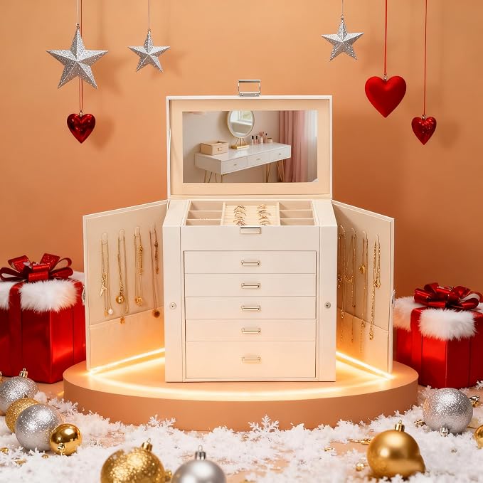 BOOVO Jewelry Box For women, 6 Layer Large Jewelry Organizer With Mirror, Multi-Function Storage Box With Lock, Necklace Holder With 5 Drawers, For Earrings Necklace Bracelet (Silver and White) - Image 6