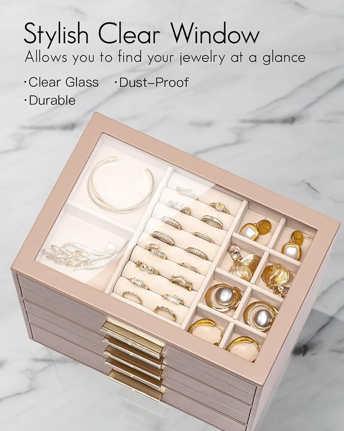 VLANDO 5 Layer Jewelry Box for Women, Glass Lid Jewelry Organizer with 5 Drawers for Necklaces Rings Earrings Bracelets - Toffee - Image 6
