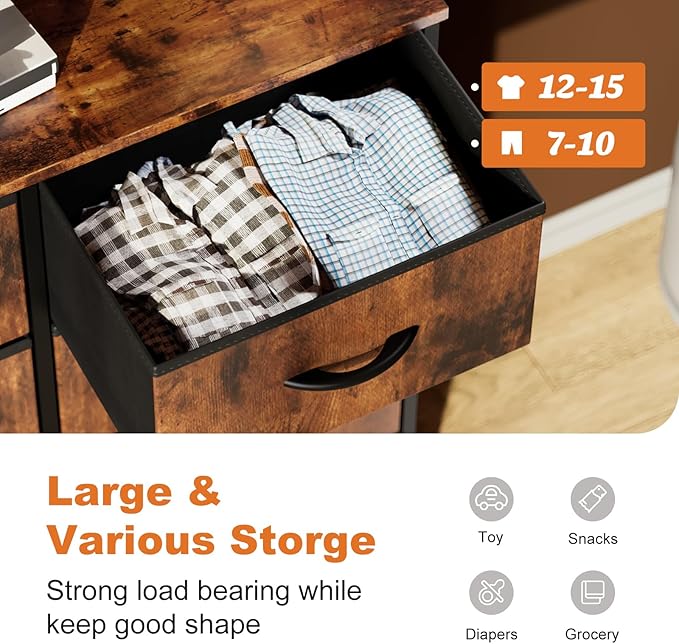 Sweetcrispy Dresser for Bedroom with 6 Storage Drawers, Fabric Storage Tower Organizer, Chest of Drawers with Metal Frame Wooden Top for Closet, Living Room, Entryway, Rust Brown
