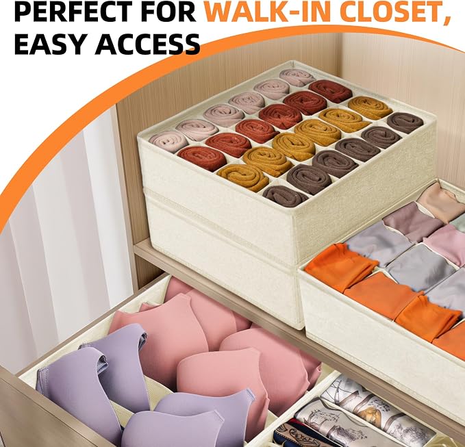 Criusia 6 Pcs Drawer Organizer Clothes - 90 Cells Closet Organizers and Storage for Baby Nursery - Washable Fabric Dresser Organizer Dividers for Sock Underwear Bra Dorm Room Essentials (Beige) - Image 6