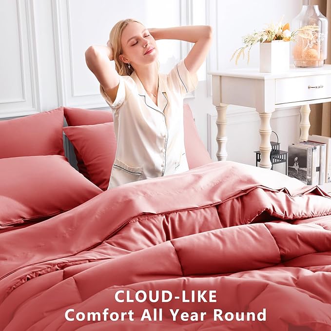 CozyLux Queen Comforter Set Coral, 7 Pieces Bed in a Bag, Coral Comforters Queen Size, All Season Bedding Sets with Stitch Quilted Comforter, Flat Sheet, Fitted Sheet, Pillowcases